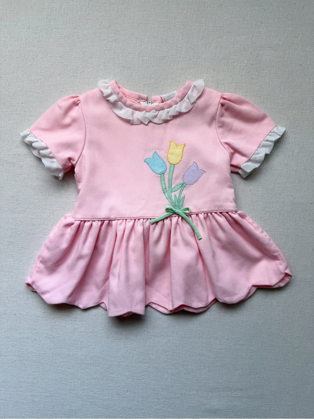 Vintage Tulip Applique Scalloped Hem Pink Tunic Dress 12-18M